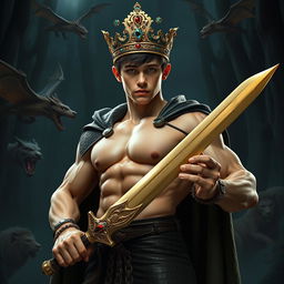 A muscular teenage bodybuilder boy with a defined six-pack, wearing a majestic crown adorned with diamonds and rubies, dressed in a luxurious crocodile skin cloak
