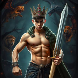 A muscular teenage bodybuilder boy with a defined six-pack, wearing a majestic crown adorned with diamonds and rubies, dressed in a luxurious crocodile skin cloak