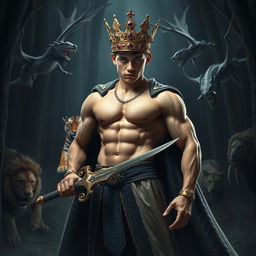 A muscular teenage bodybuilder boy with a defined six-pack, wearing a majestic crown adorned with diamonds and rubies, dressed in a luxurious crocodile skin cloak