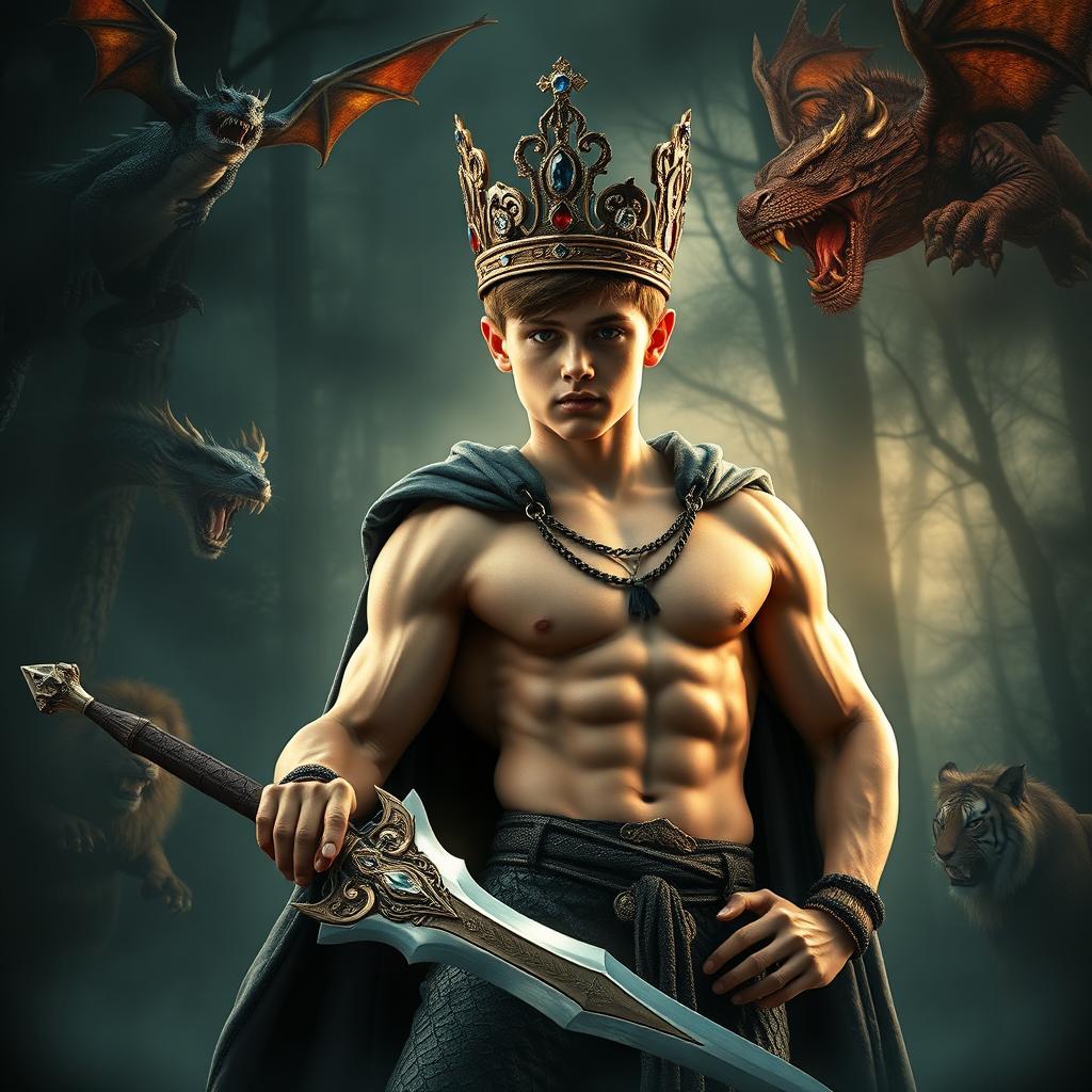 A muscular teenage bodybuilder boy with a defined six-pack, wearing a majestic crown adorned with diamonds and rubies, dressed in a luxurious crocodile skin cloak