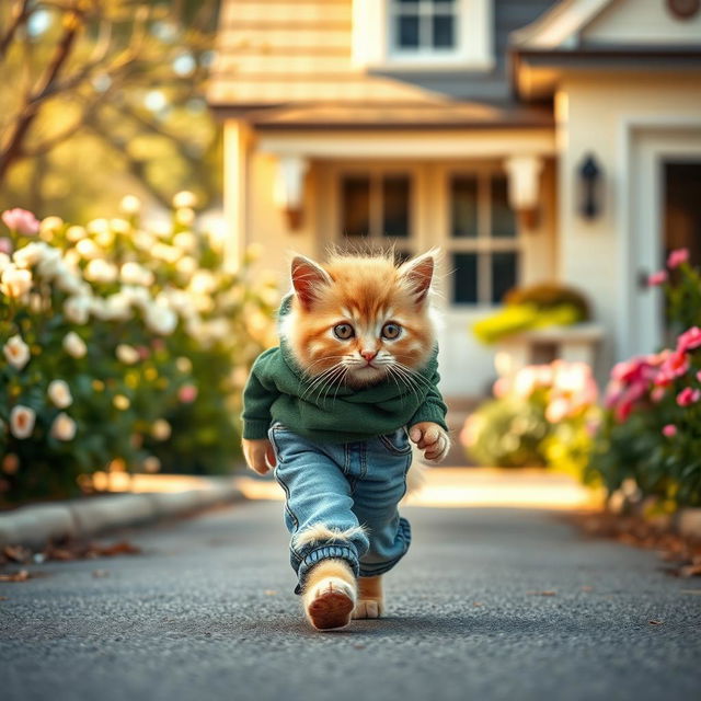 A light golden kitten wearing a dark green hoodie and jeans is walking down a street in front of a quaint house, looking back and crying