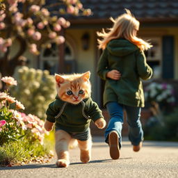 A light golden kitten wearing a dark green hoodie and jeans is walking down a street in front of a quaint house, looking back and crying