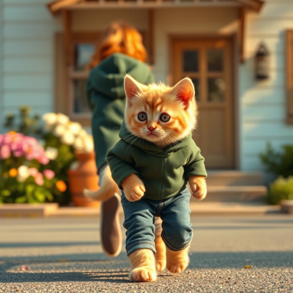 A light golden kitten wearing a dark green hoodie and jeans is walking down a street in front of a quaint house, looking back and crying