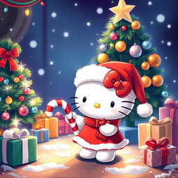 A cheerful festive scene featuring Hello Kitty celebrating Christmas
