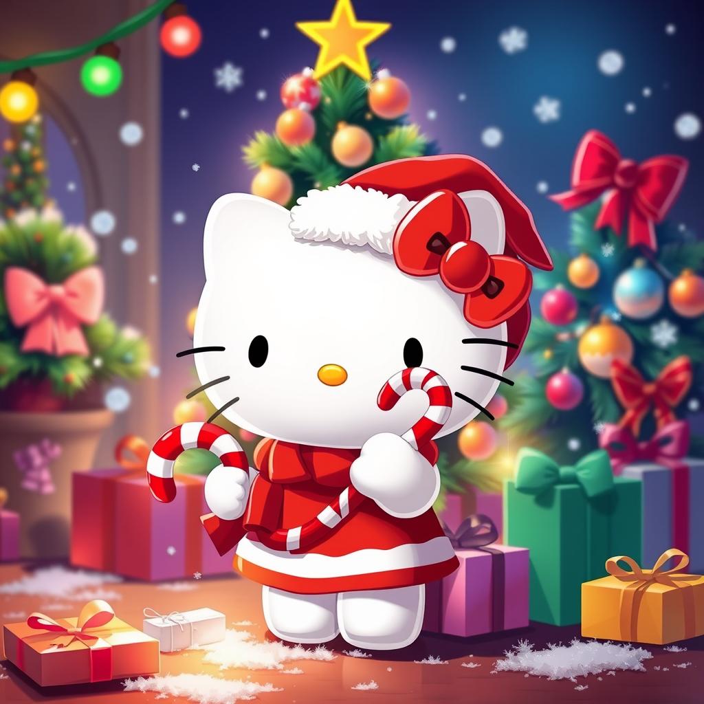 A cheerful festive scene featuring Hello Kitty celebrating Christmas