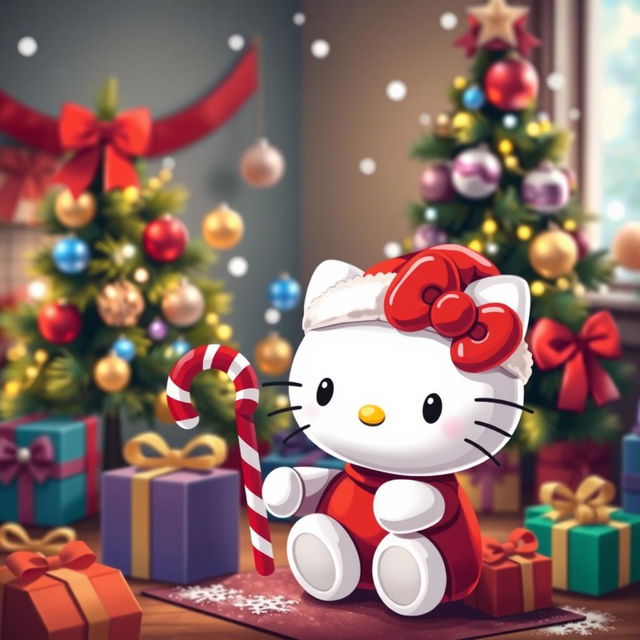 A cheerful festive scene featuring Hello Kitty celebrating Christmas