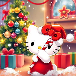 A cheerful festive scene featuring Hello Kitty celebrating Christmas