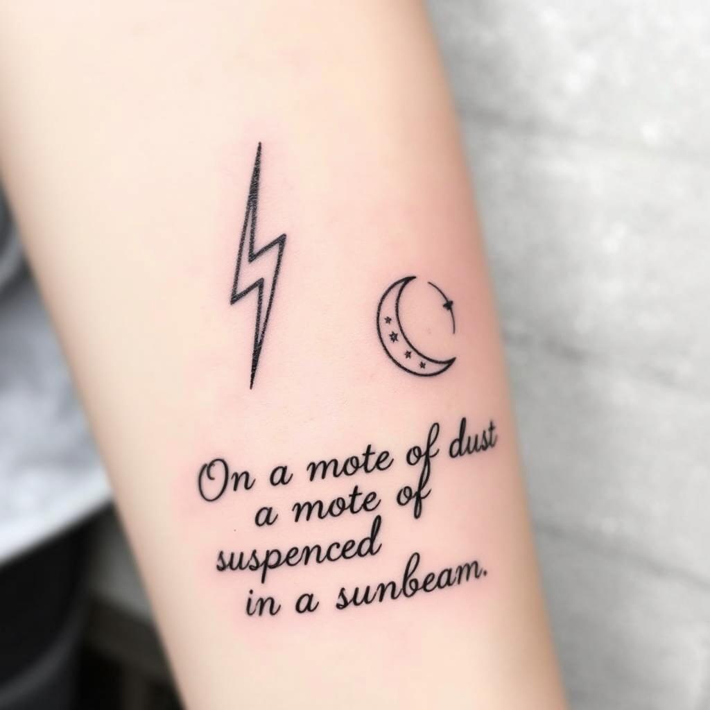 A tattoo design featuring a simple, thin, and clean lightning bolt inspired by the one from Harry Potter