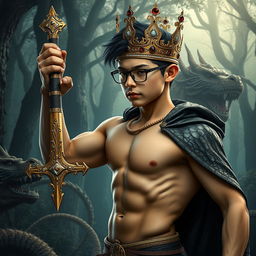 A teenage bodybuilder boy showcasing a muscular physique with a defined six-pack, wearing a shiny golden crown adorned with sparkling diamonds and deep red rubies