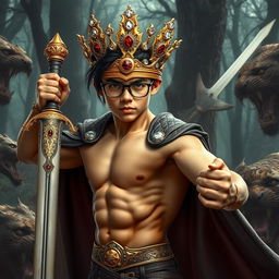 A teenage bodybuilder boy showcasing a muscular physique with a defined six-pack, wearing a shiny golden crown adorned with sparkling diamonds and deep red rubies