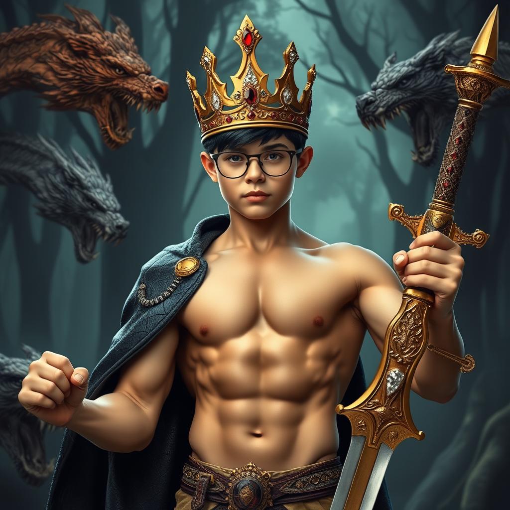 A teenage bodybuilder boy showcasing a muscular physique with a defined six-pack, wearing a shiny golden crown adorned with sparkling diamonds and deep red rubies