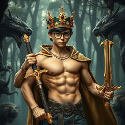 A teenage bodybuilder boy showcasing a muscular physique with a defined six-pack, wearing a shiny golden crown adorned with sparkling diamonds and deep red rubies