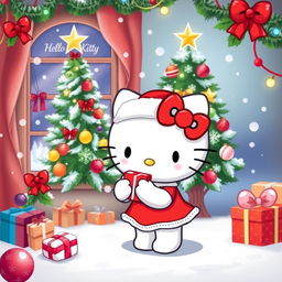 A festive illustration of Hello Kitty celebrating Christmas, wearing a cute red and white Santa hat and a matching dress, surrounded by colorful ornaments and sparkling fairy lights
