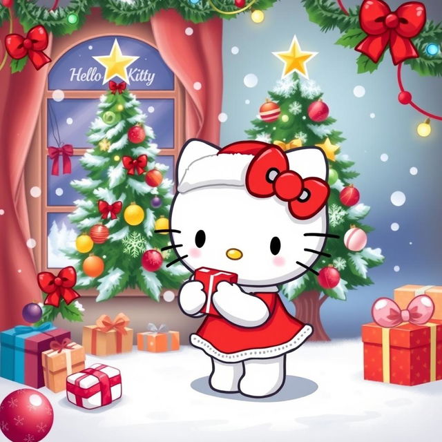 A festive illustration of Hello Kitty celebrating Christmas, wearing a cute red and white Santa hat and a matching dress, surrounded by colorful ornaments and sparkling fairy lights