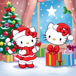 A festive illustration of Hello Kitty celebrating Christmas, wearing a cute red and white Santa hat and a matching dress, surrounded by colorful ornaments and sparkling fairy lights