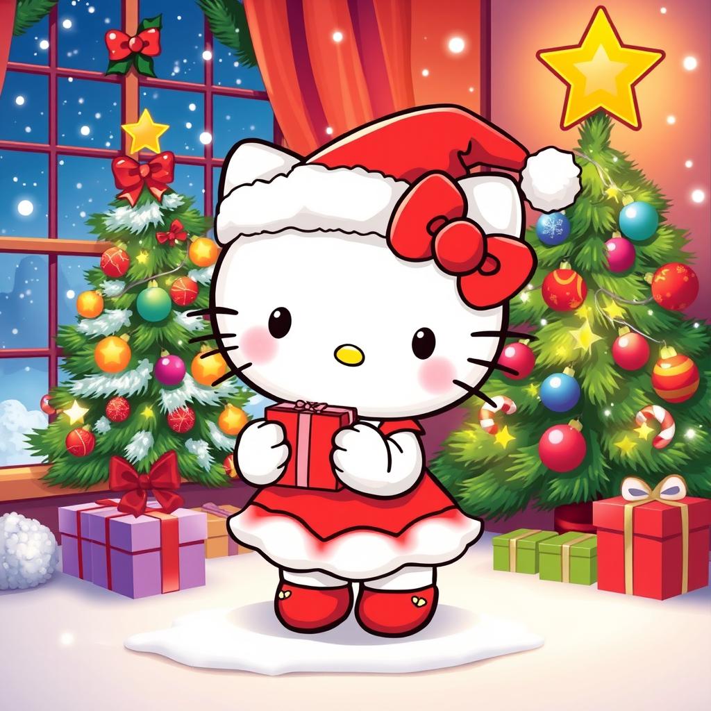 A festive illustration of Hello Kitty celebrating Christmas, wearing a cute red and white Santa hat and a matching dress, surrounded by colorful ornaments and sparkling fairy lights