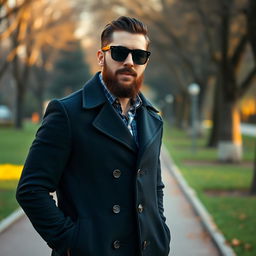 A fashionable man with a stylish beard, wearing a long, dark coat with toggle buttons, and sunglasses, stands confidently in a park