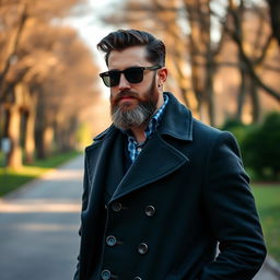 A fashionable man with a stylish beard, wearing a long, dark coat with toggle buttons, and sunglasses, stands confidently in a park