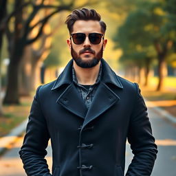 A fashionable man with a stylish beard, wearing a long, dark coat with toggle buttons, and sunglasses, stands confidently in a park