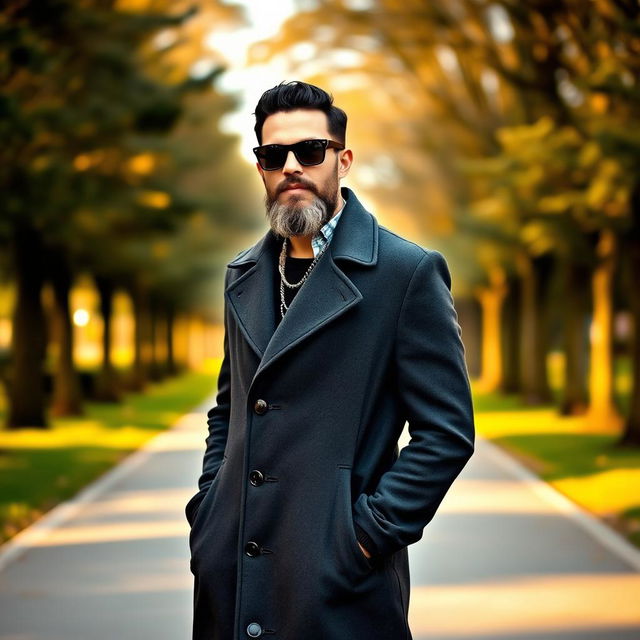 A fashionable man with a stylish beard, wearing a long, dark coat with toggle buttons, and sunglasses, stands confidently in a park