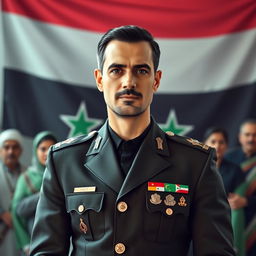 A powerful and authoritative portrait of a male figure as the President of Syria, standing confidently in front of a modern representation of the new flag of the Syrian revolution