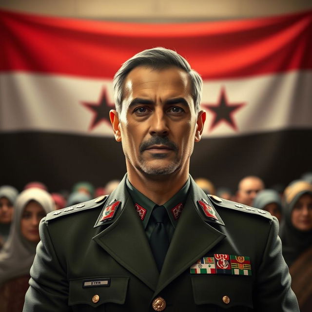 A powerful and authoritative portrait of a male figure as the President of Syria, standing confidently in front of a modern representation of the new flag of the Syrian revolution