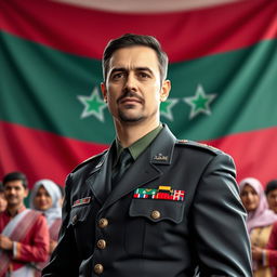 A powerful and authoritative portrait of a male figure as the President of Syria, standing confidently in front of a modern representation of the new flag of the Syrian revolution