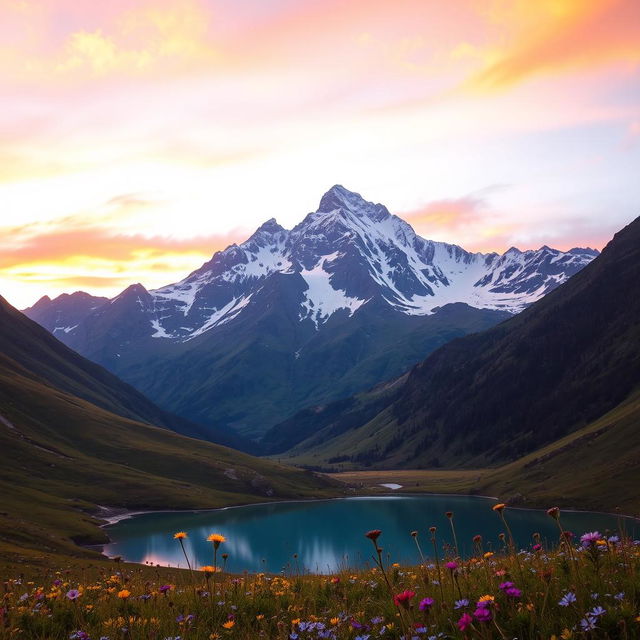 A stunning landscape featuring a majestic mountain range with snow-capped peaks, under a vibrant sunset sky painted with hues of orange, pink, and purple