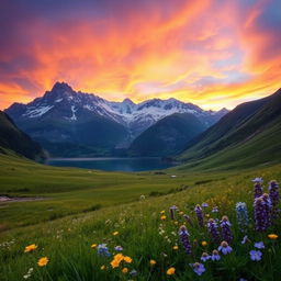 A stunning landscape featuring a majestic mountain range with snow-capped peaks, under a vibrant sunset sky painted with hues of orange, pink, and purple