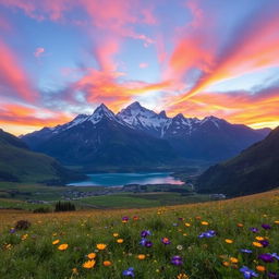 A stunning landscape featuring a majestic mountain range with snow-capped peaks, under a vibrant sunset sky painted with hues of orange, pink, and purple