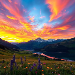 A stunning landscape featuring a majestic mountain range with snow-capped peaks, under a vibrant sunset sky painted with hues of orange, pink, and purple