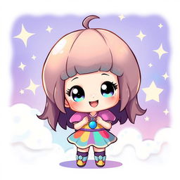 A cute chibi character with oversized head and small body, wearing a vibrant, colorful outfit, with big sparkling eyes and a cheerful expression