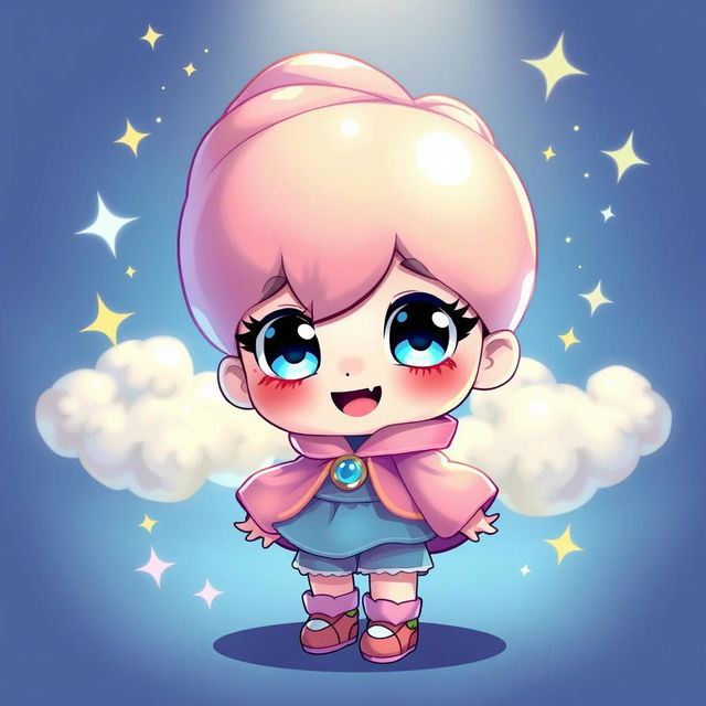 A cute chibi character with oversized head and small body, wearing a vibrant, colorful outfit, with big sparkling eyes and a cheerful expression