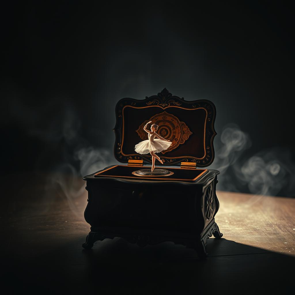 A beautifully ornate, vintage music box with intricate carvings, set against a dark, moody background