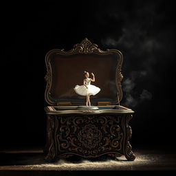 A beautifully ornate, vintage music box with intricate carvings, set against a dark, moody background
