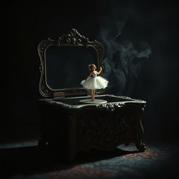 A beautifully ornate, vintage music box with intricate carvings, set against a dark, moody background