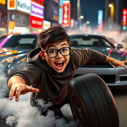 A teenage boy with a round face, slightly chubby, wearing dark blue glasses, confidently drifting in a vibrant, action-packed scene surrounded by sleek Japanese cars like a Nissan GTR