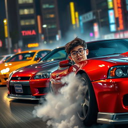 A teenage boy with a round face, slightly chubby, wearing dark blue glasses, confidently drifting in a vibrant, action-packed scene surrounded by sleek Japanese cars like a Nissan GTR