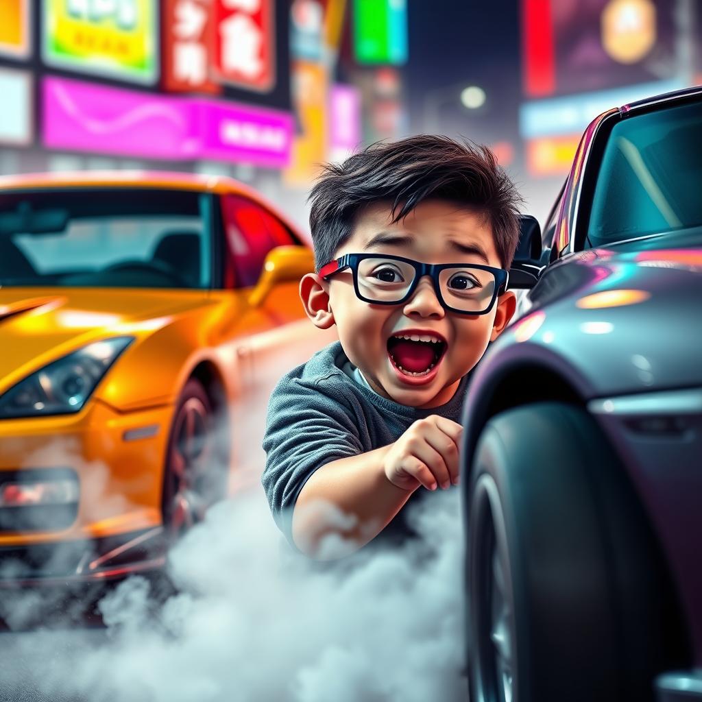 A teenage boy with a round face, slightly chubby, wearing dark blue glasses, confidently drifting in a vibrant, action-packed scene surrounded by sleek Japanese cars like a Nissan GTR