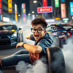 A teenage boy with a round face, slightly chubby, wearing dark blue glasses, confidently drifting in a vibrant, action-packed scene surrounded by sleek Japanese cars like a Nissan GTR
