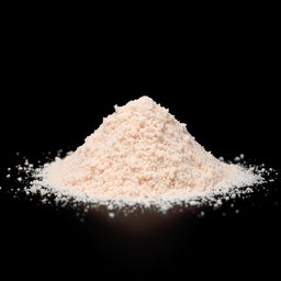 A mound of pink salt powder scattered on a surface, with a completely black background