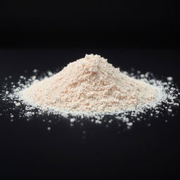 A mound of pink salt powder scattered on a surface, with a completely black background