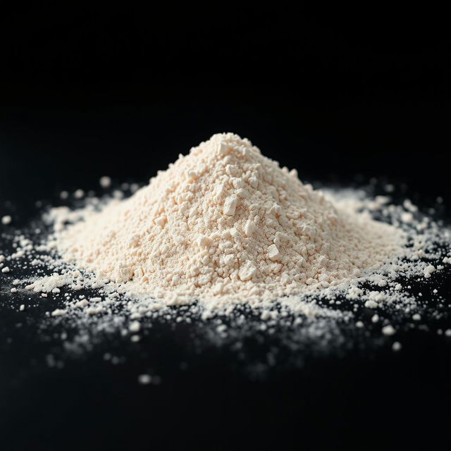 A mound of pink salt powder scattered on a surface, with a completely black background