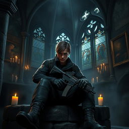 Leon Kennedy, the iconic video game character from Resident Evil, sitting in a dark, gothic environment