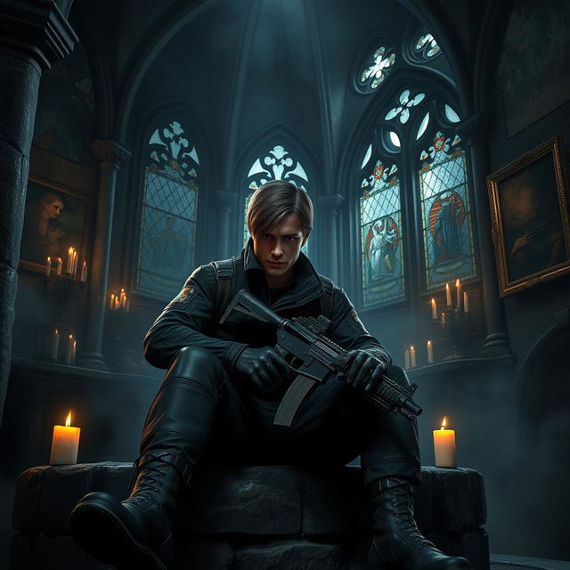 Leon Kennedy, the iconic video game character from Resident Evil, sitting in a dark, gothic environment