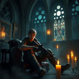 Leon Kennedy, the iconic video game character from Resident Evil, sitting in a dark, gothic environment