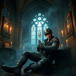 Leon Kennedy, the iconic video game character from Resident Evil, sitting in a dark, gothic environment