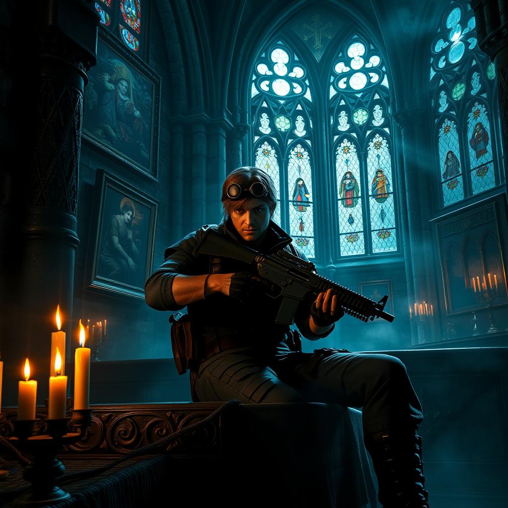 Leon Kennedy, the iconic video game character from Resident Evil, sitting in a dark, gothic environment