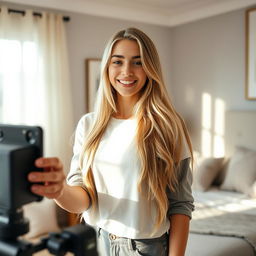 A young woman with long, blonde hair, standing in a stylishly decorated bedroom while recording a video