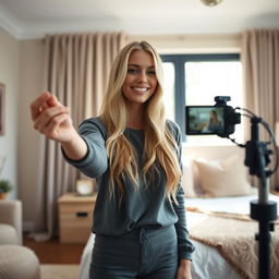 A young woman with long, blonde hair, standing in a stylishly decorated bedroom while recording a video